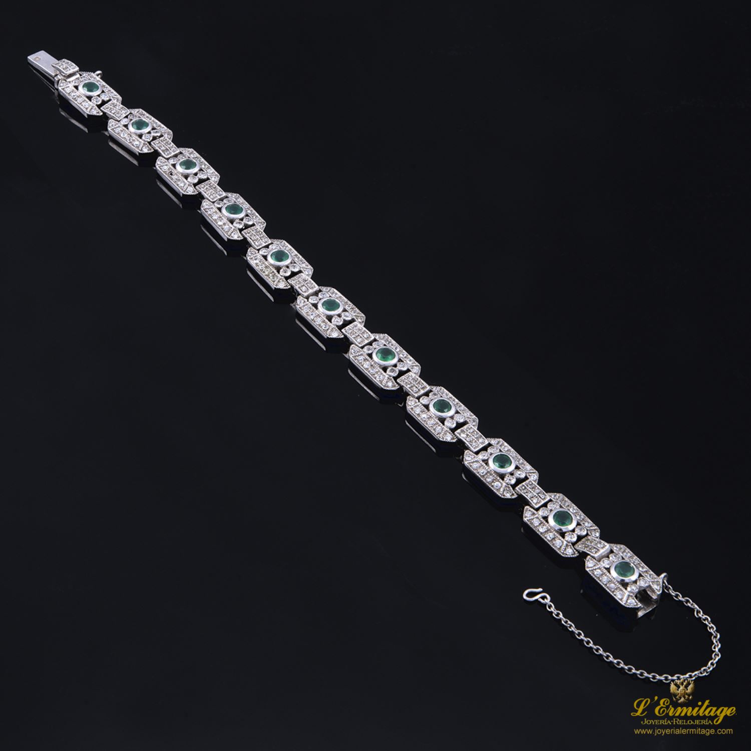 Pulsera art-deco oro blanco diamantes y esmeraldas