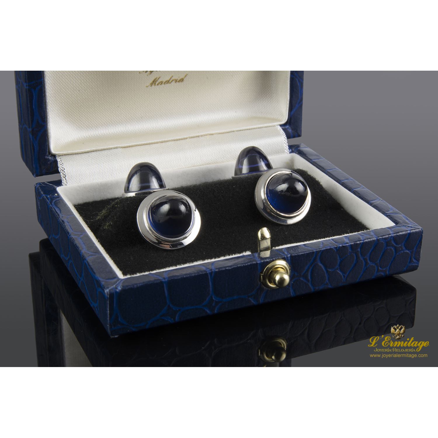Gemelos oro blanco y zafiros cabuchón