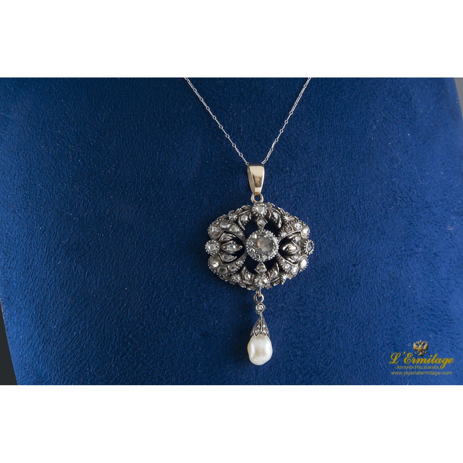 Gargantilla antigua oro bajo perla y diamantes talla antigua