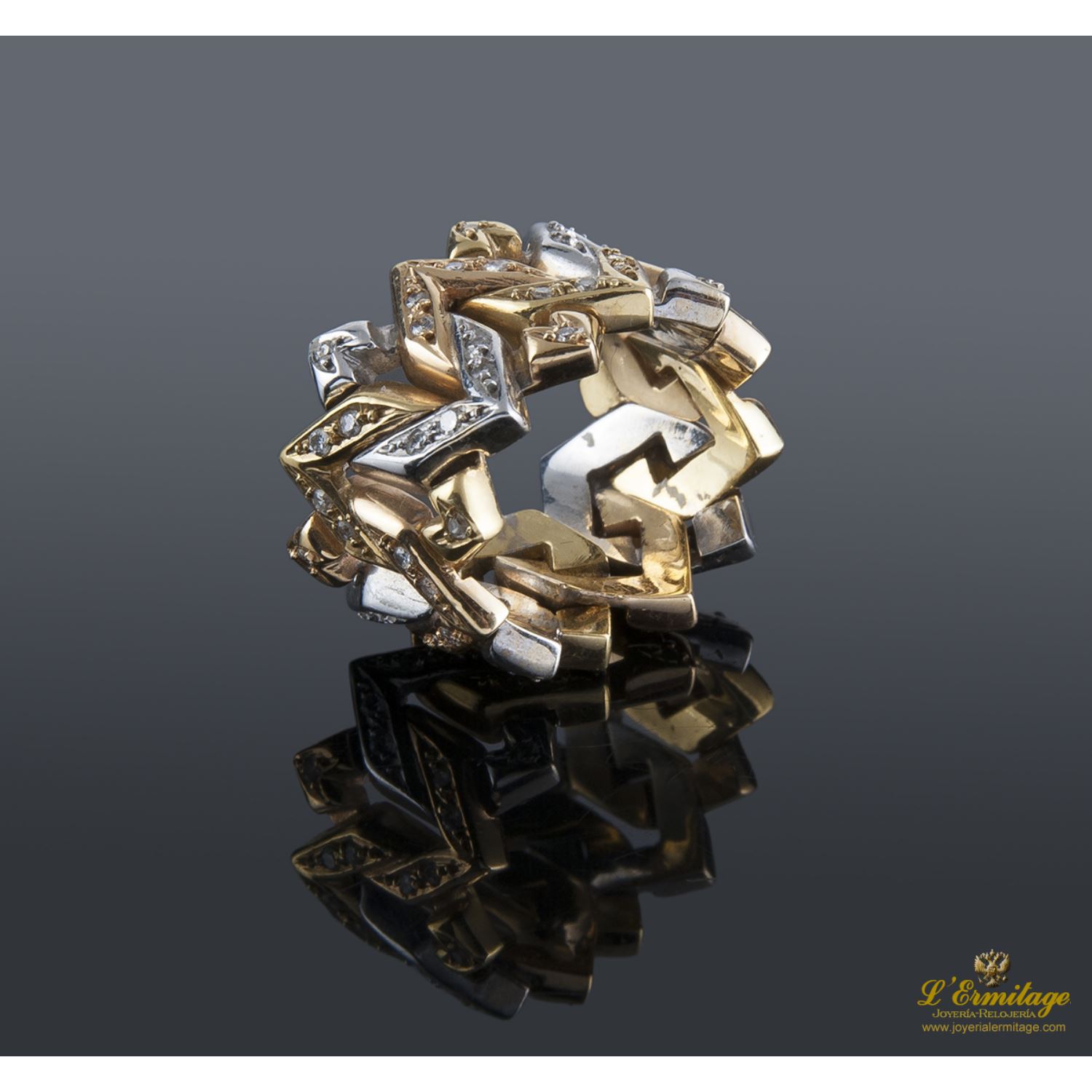 Sortija oro amarillo ancha y diamantes 