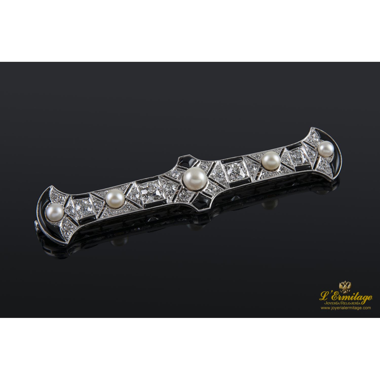 Broche-alfiler antiguo platino perlas, diamantes y ónix