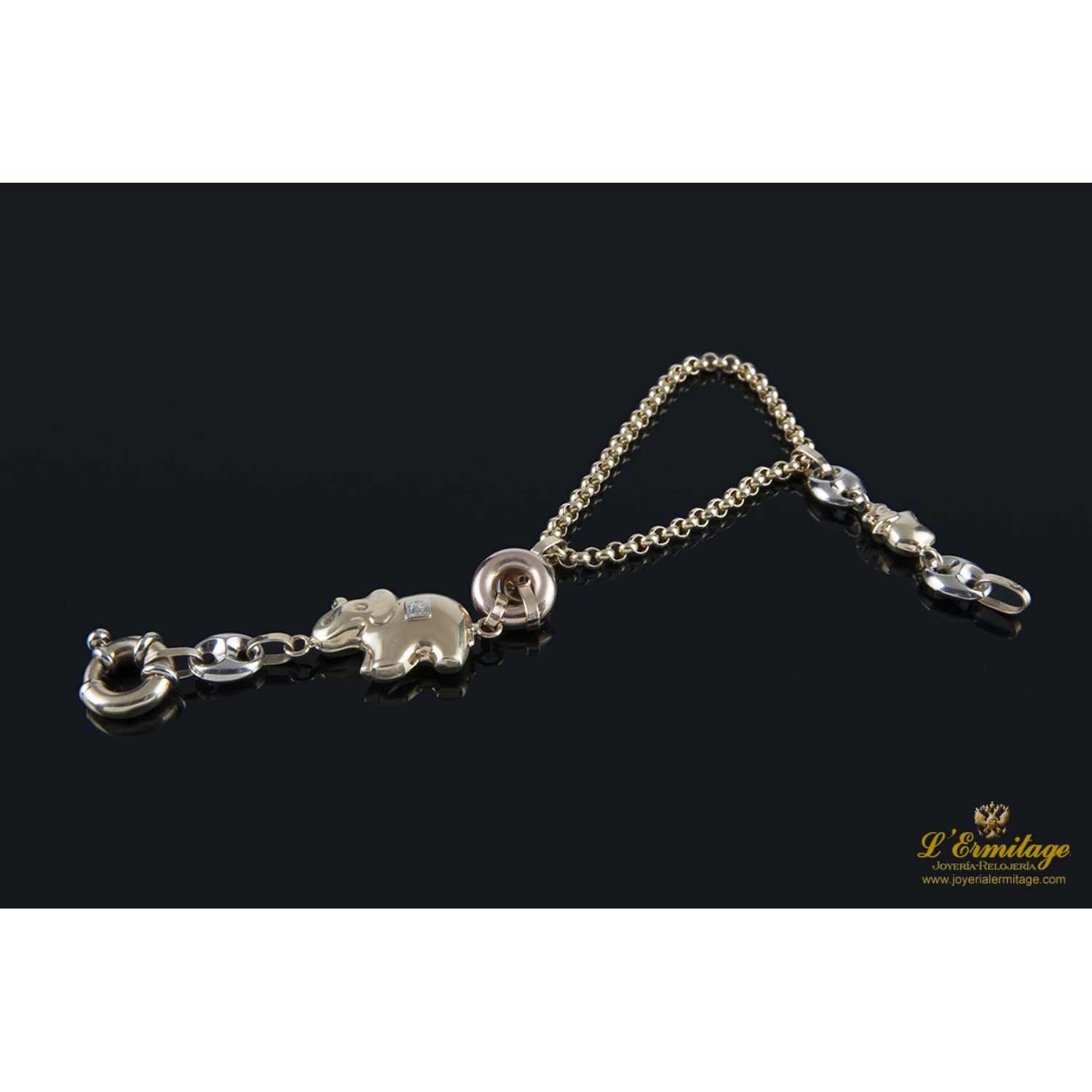 Pulsera tres oros con motivos referente a elefantes.