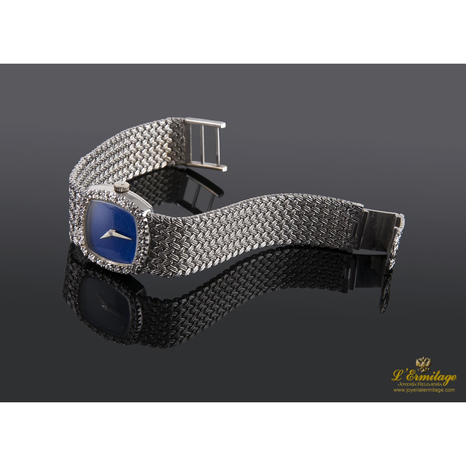 Vintage oro blanco y lapislázuli señora cuerda manual 