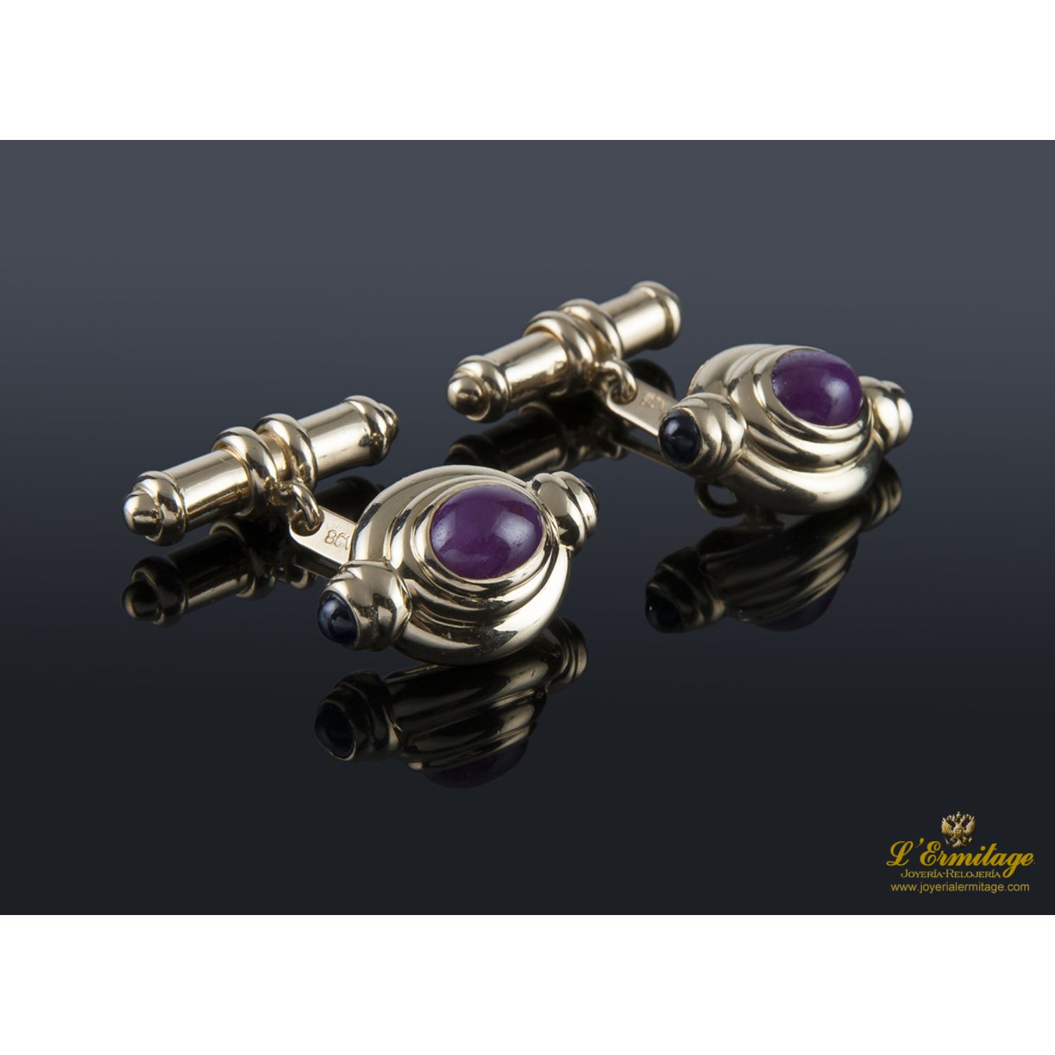 Gemelos en oro amarillo con rubíes y zafiros