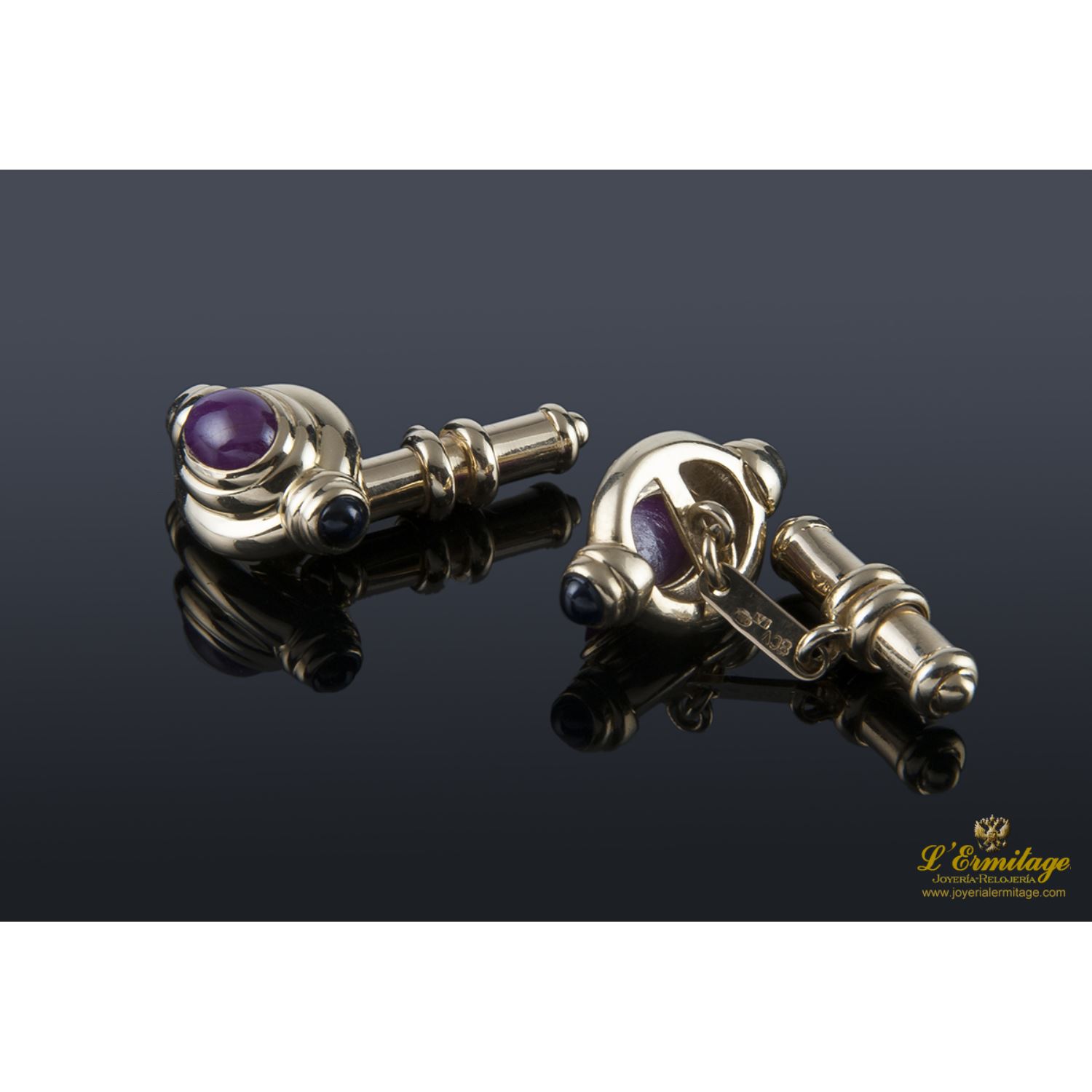 Gemelos en oro amarillo con rubíes y zafiros