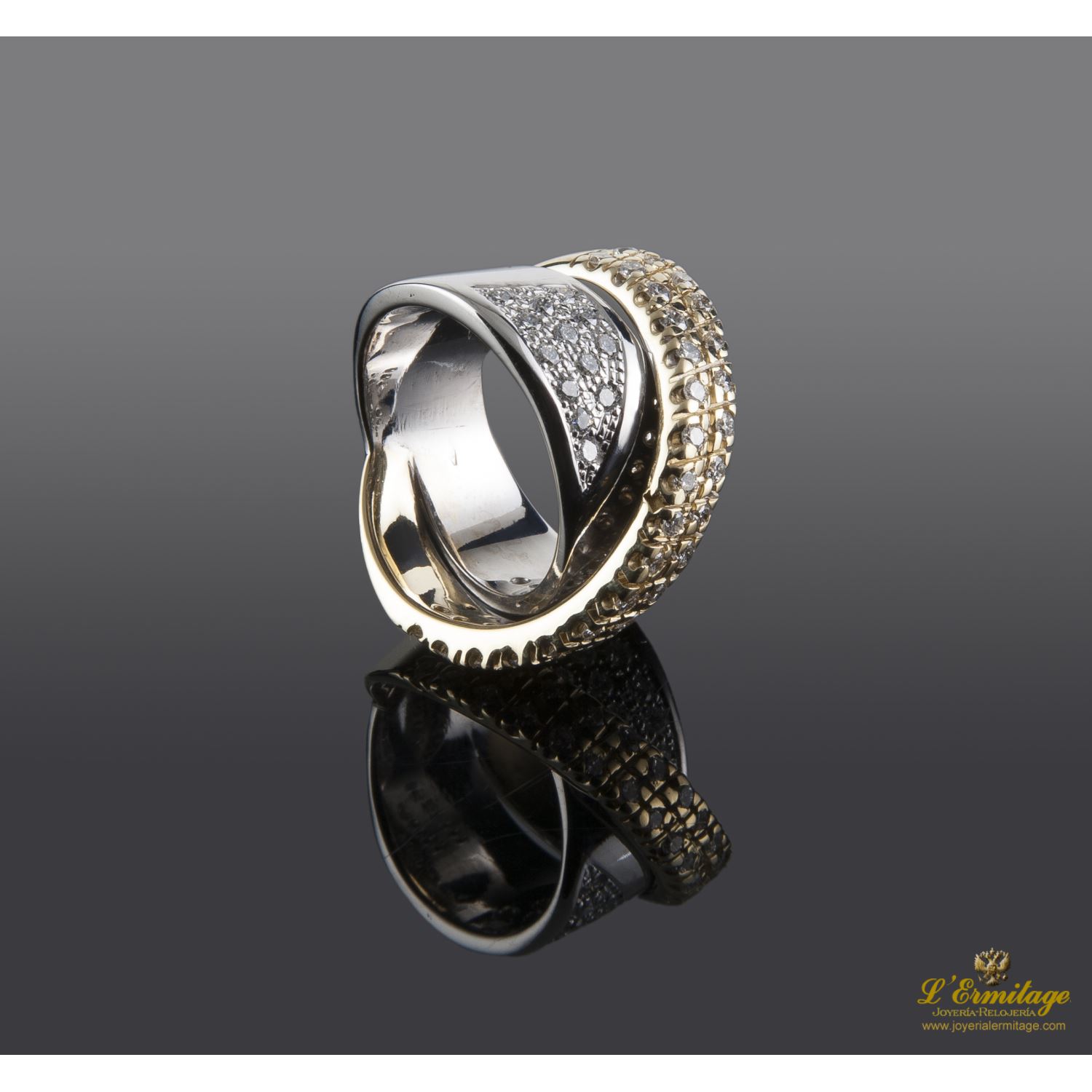 Sortija lazo oro amarillo blanco y diamantes. Talla nº 16