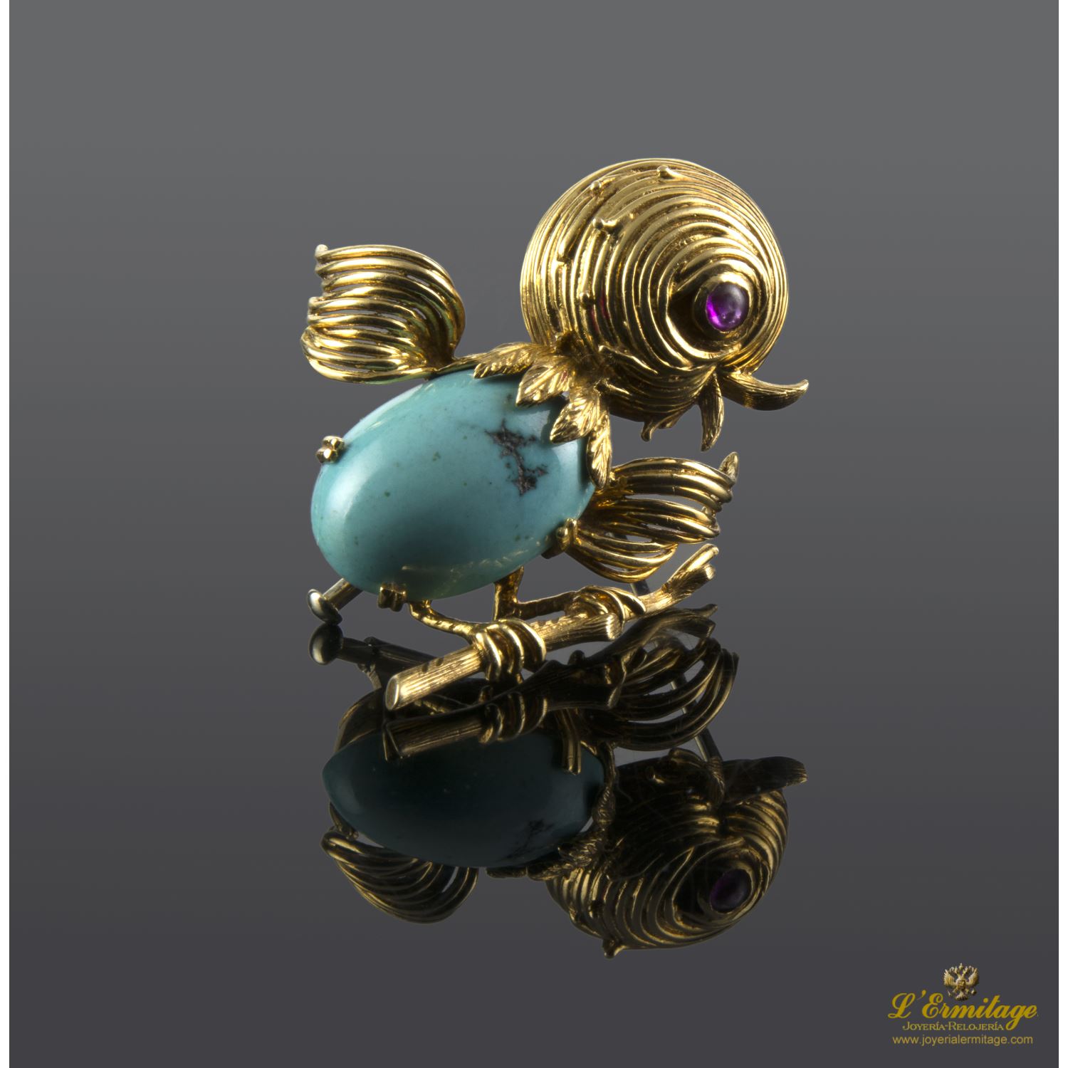 Broche-alfiler pajaro oro amarillo turquesa y amatista