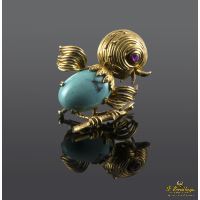 Broche-alfiler pajaro oro amarillo turquesa y amatista