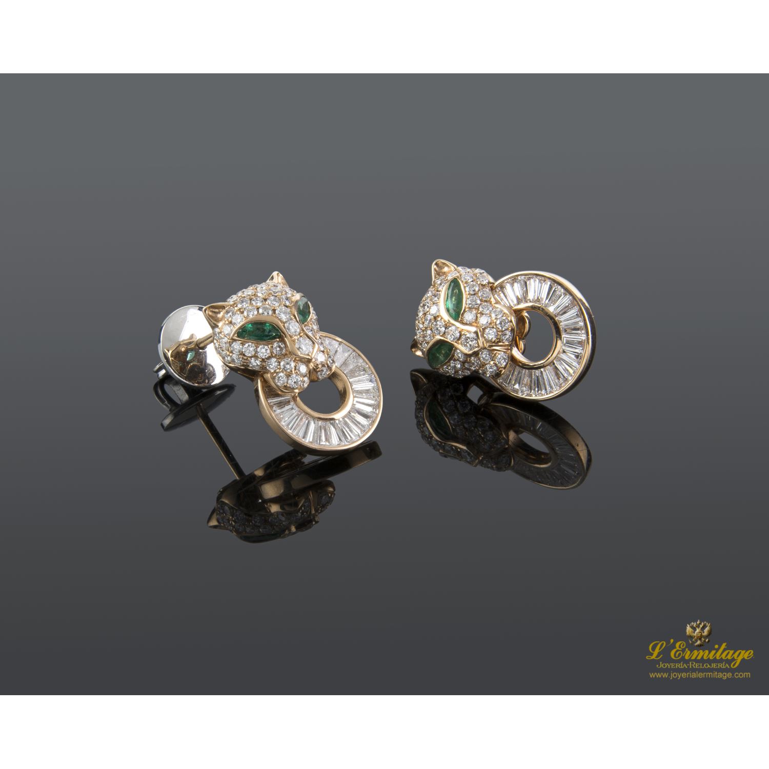 Pendientes panteras oro amarillo diamantes y esmeraldas