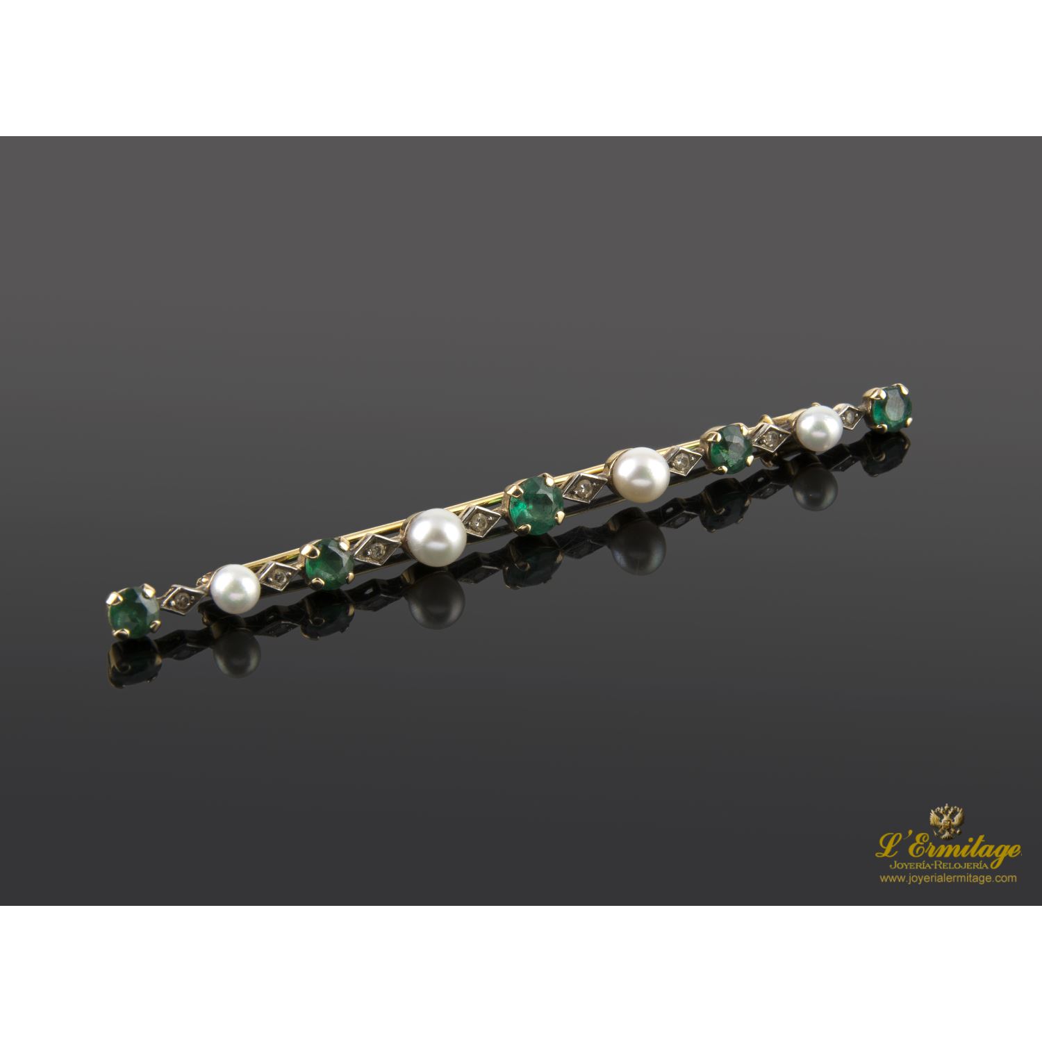 Broche-alfiler oro amarillo esmeraldas perlas y diamantes talla antigua