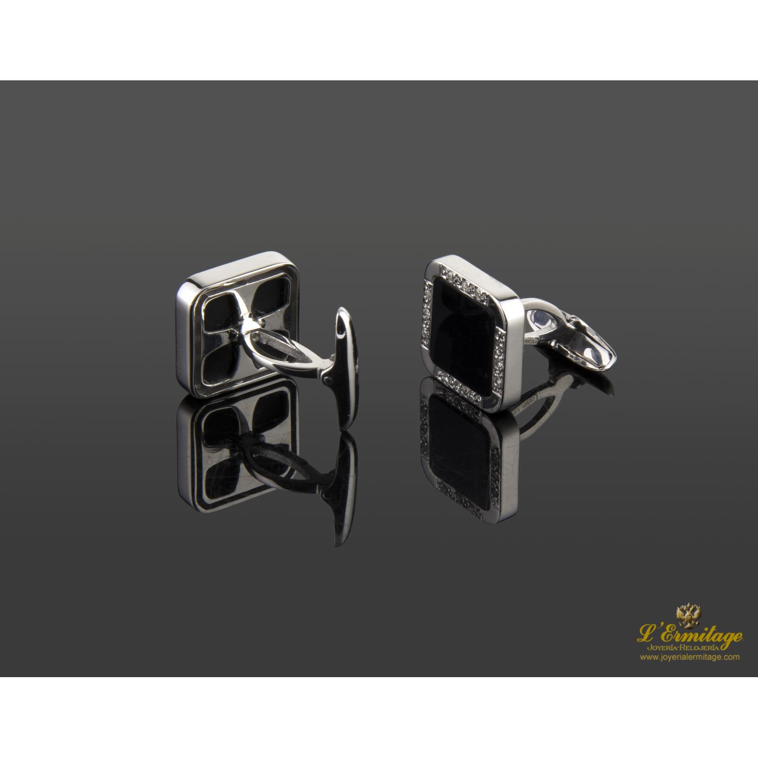 Gemelos oro blanco ónix y diamantes naturales