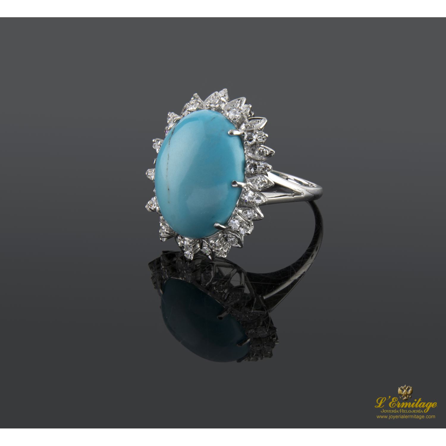 Sortija oro blanco turquesa y diamantes