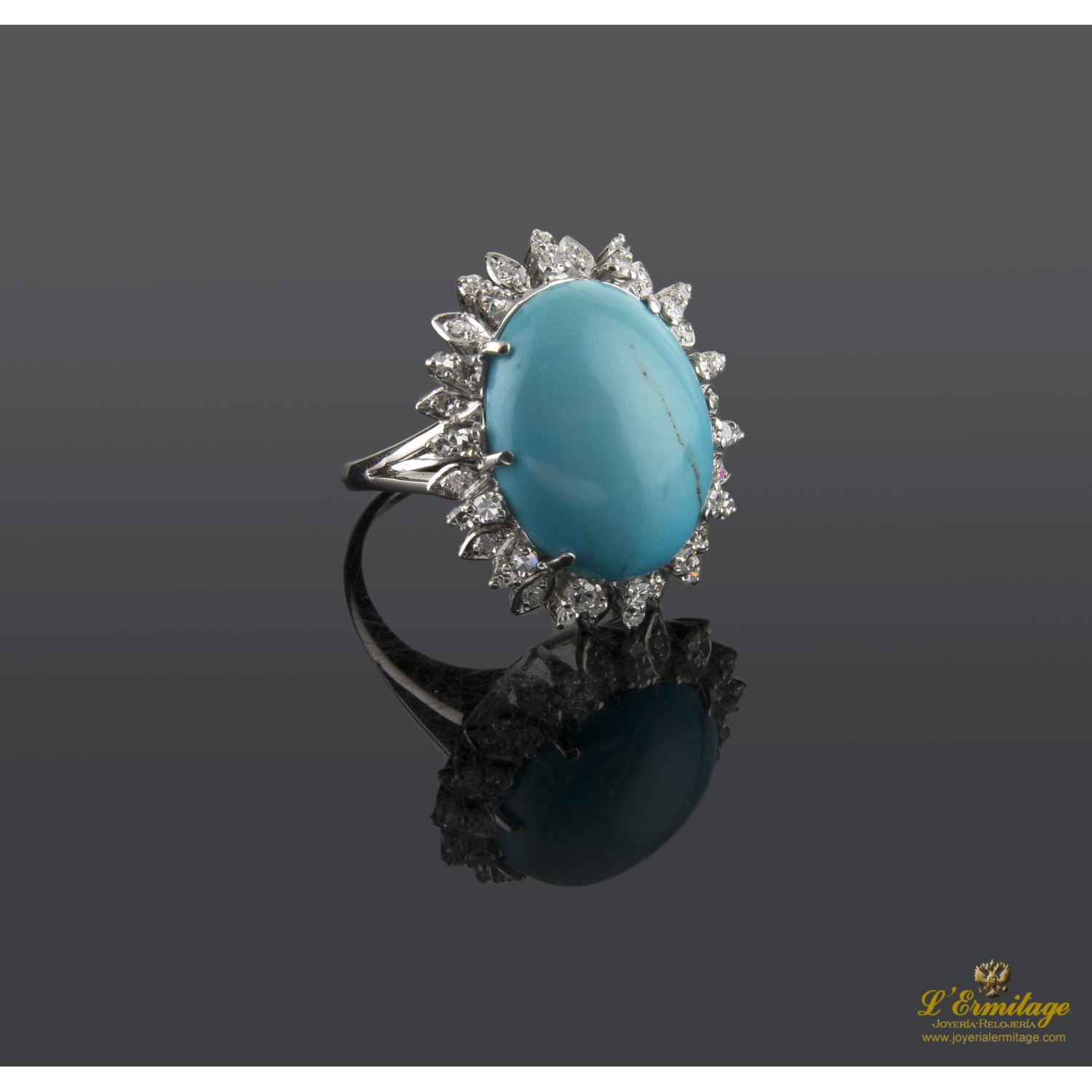 Sortija oro blanco turquesa y diamantes