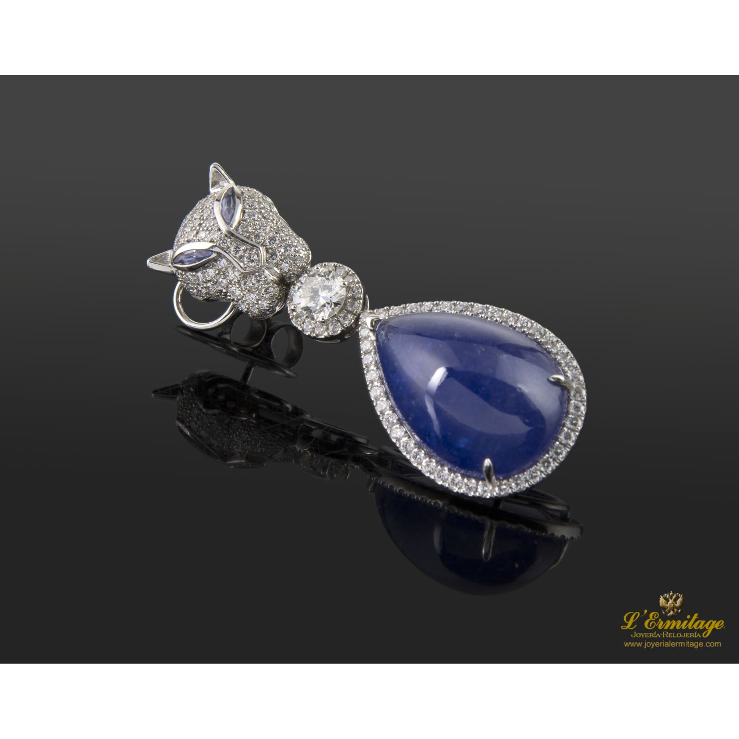 Pendientes oro blanco pantera diamantes y tanzanitas