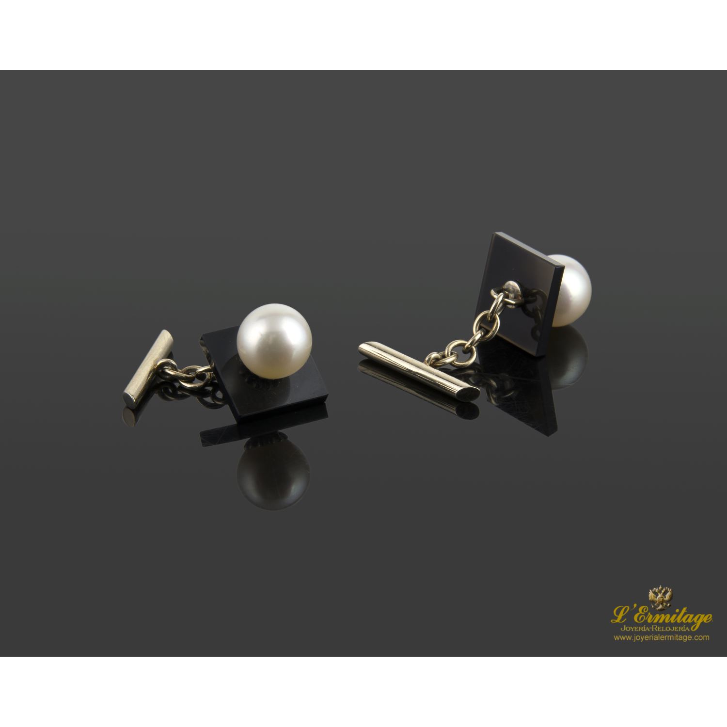 Gemelos oro amarillo perla y ónix