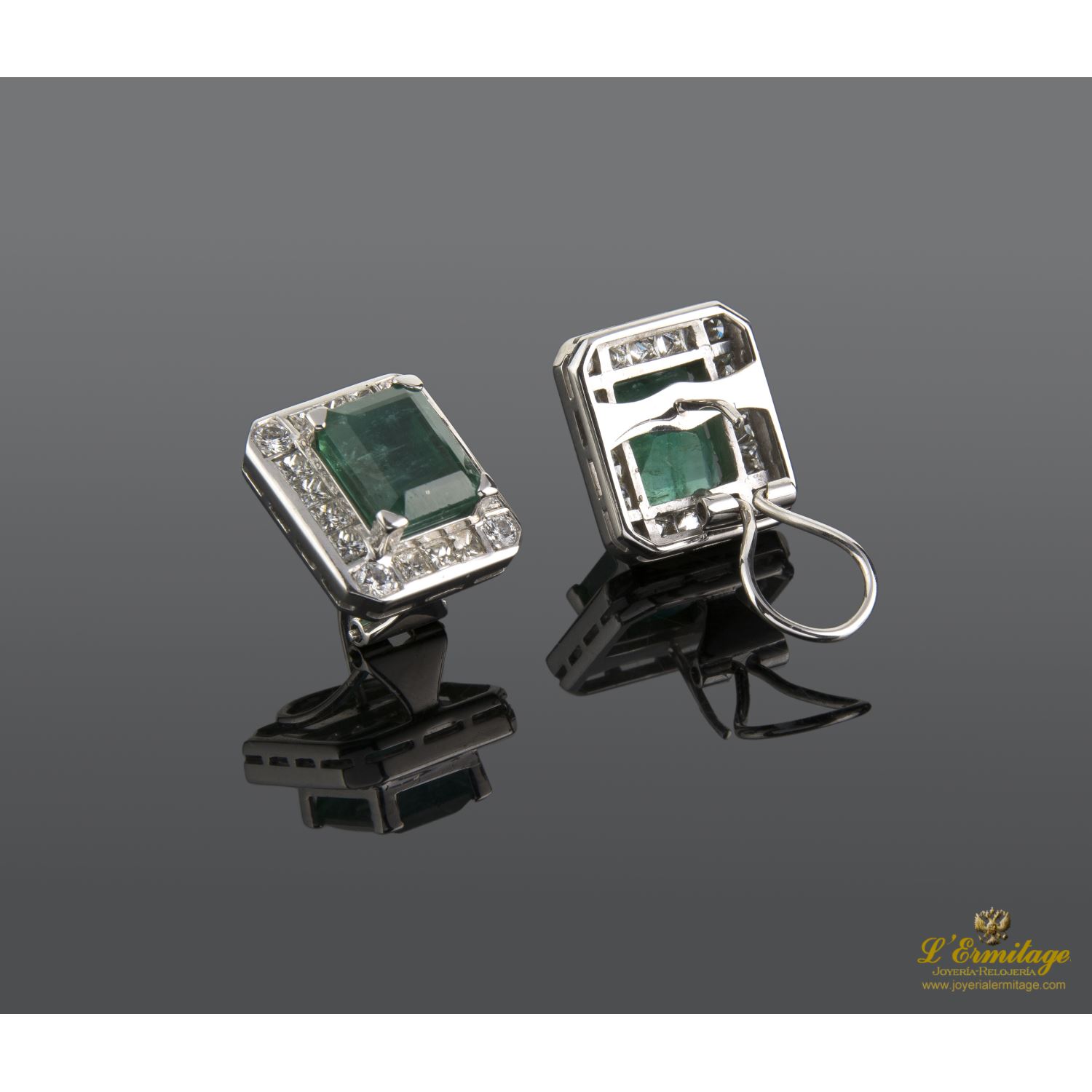 Pendientes oro blanco esmeralda y diamantes