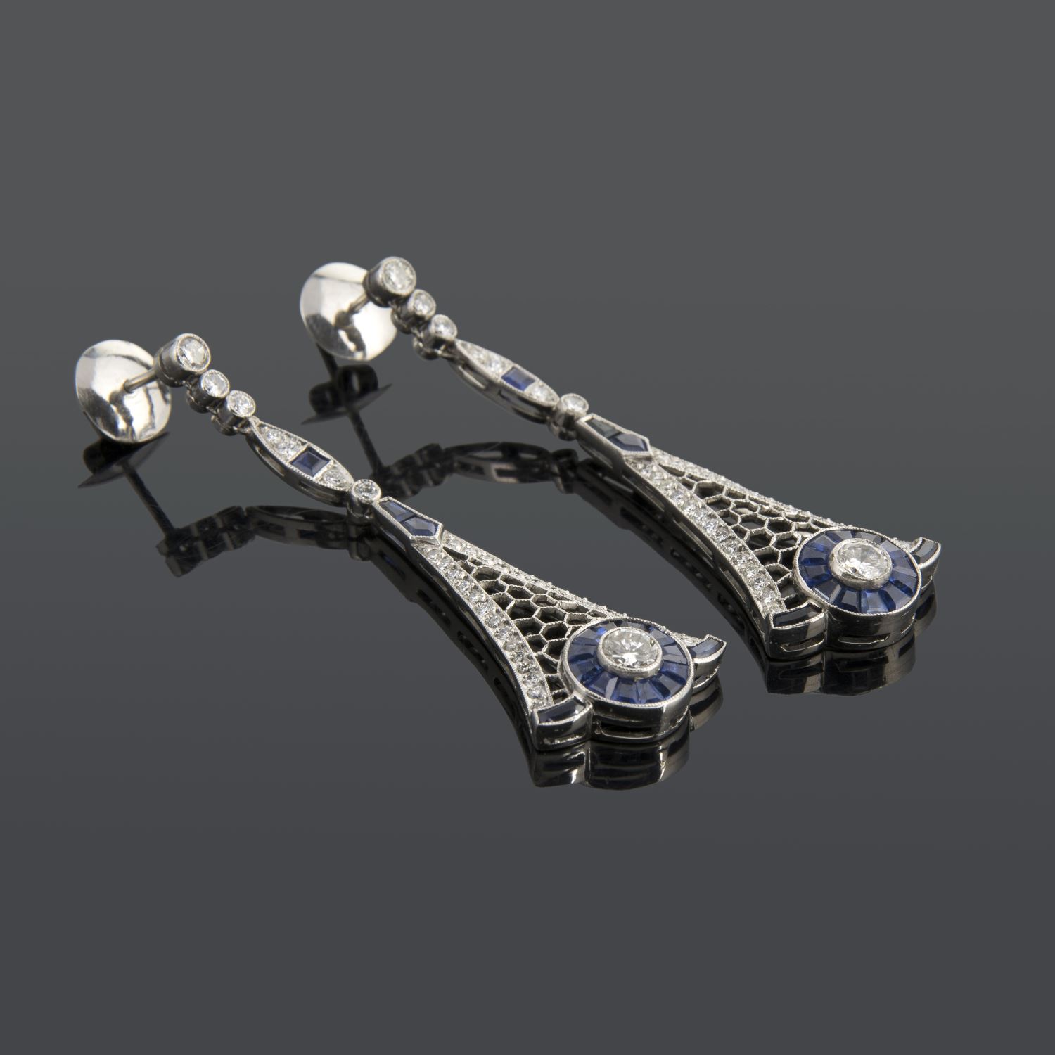 Pendientes colgantes art deco zafiros y diamantes