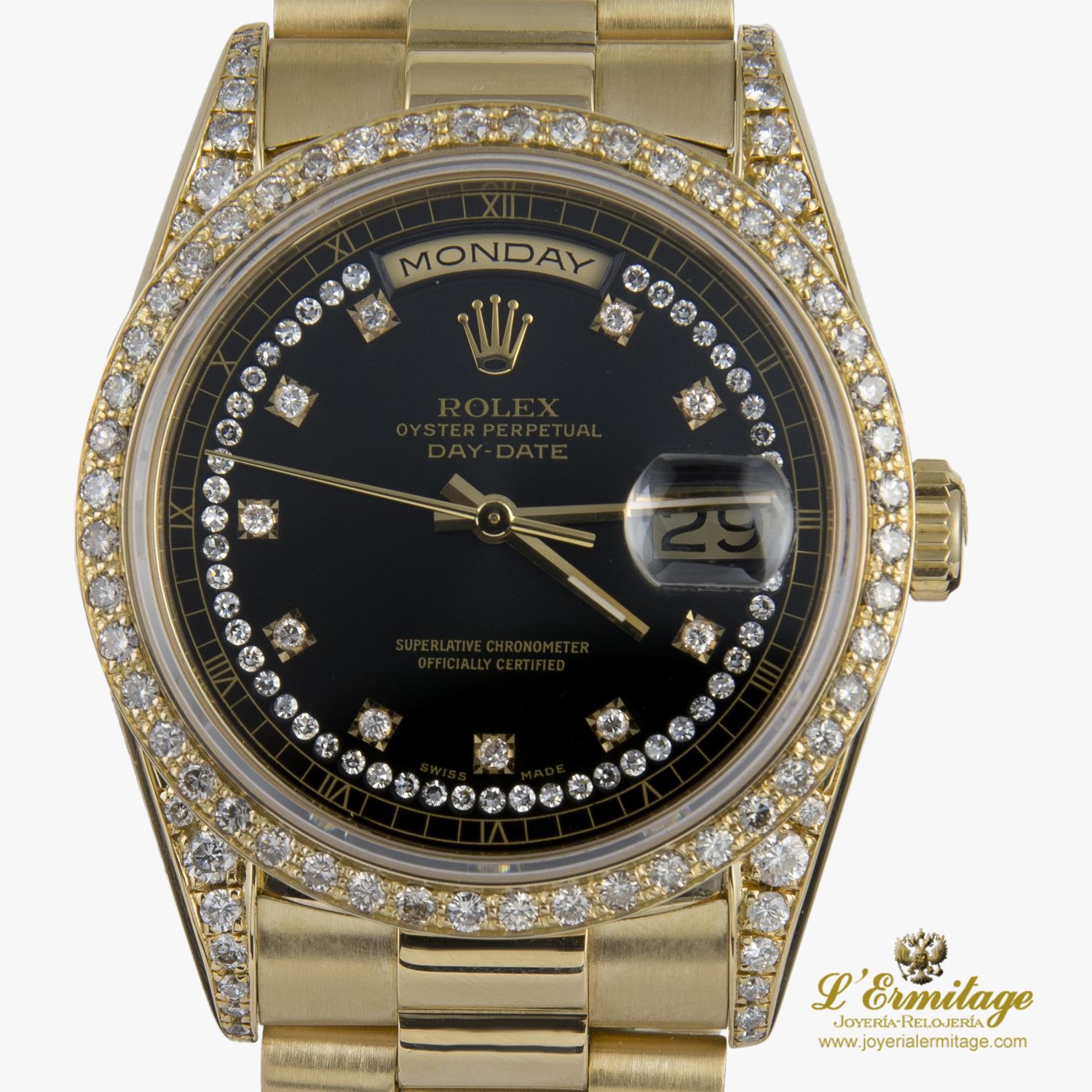 Day-date president oro amarillo y diamantes 36mm. Esfera y diamantes customizados. Después de compra. 