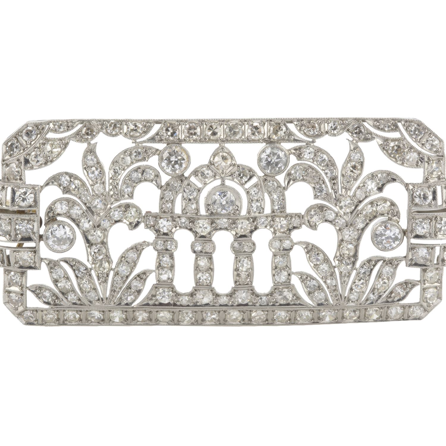 Broche-alfiler art deco oro blanco y diamantes talla antigua