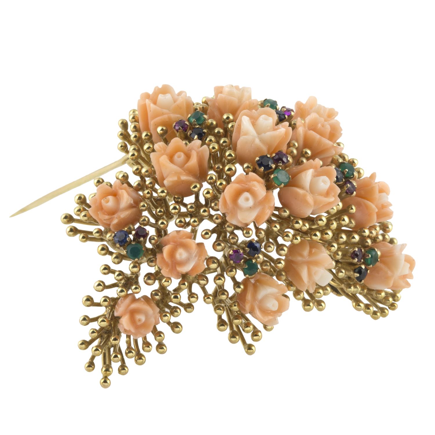 Broche-alfiler antiguo ramo de flores oro amarillo coral esmeraldas zafiros y rubíes