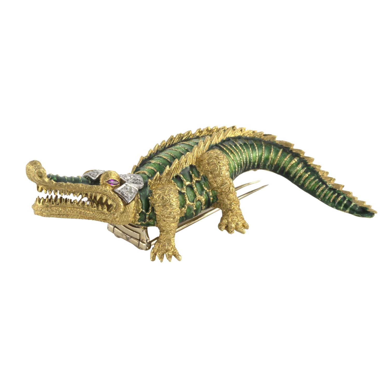 Broche-alfiler cocodrilo oro amarillo esmalte pavé de diamantes y rubíes