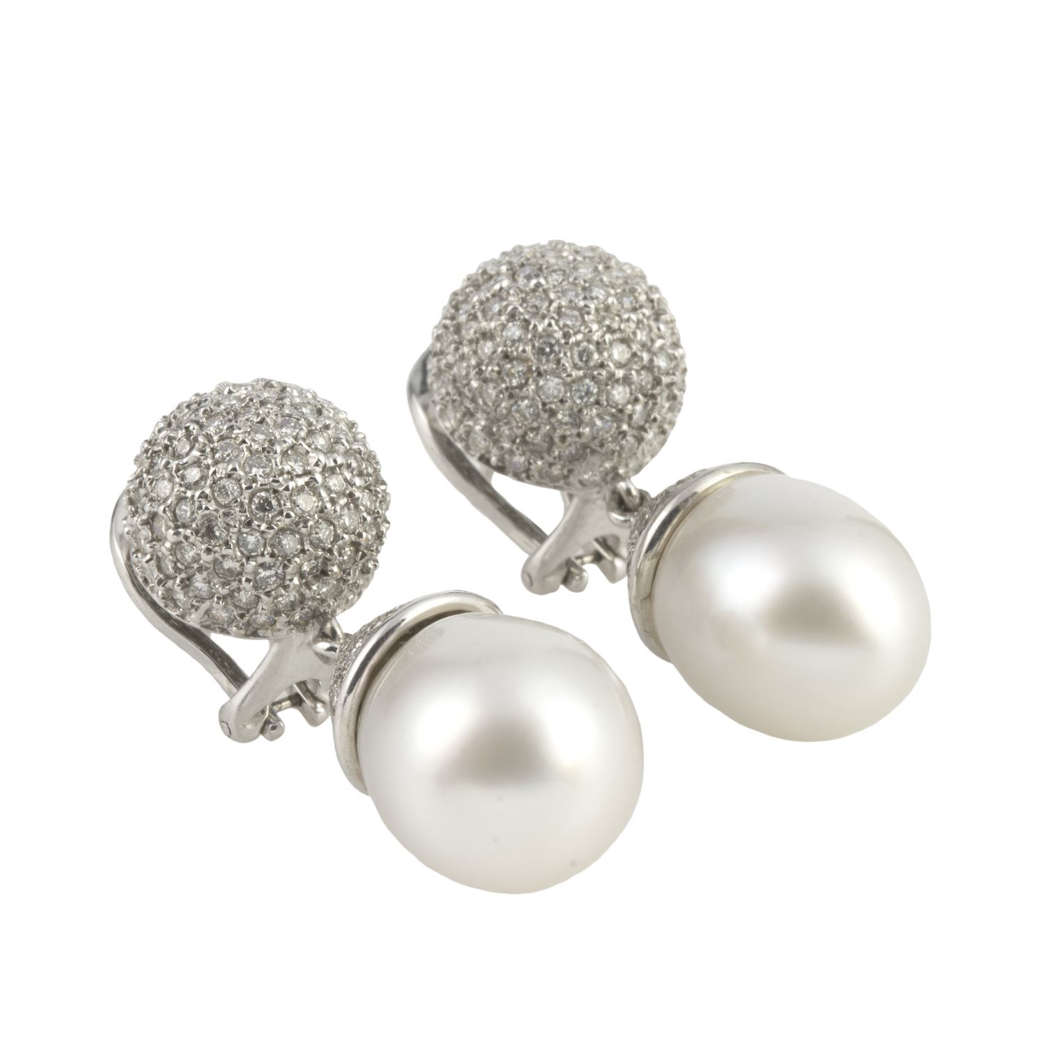 Pendientes colgantes oro blanco perla australiana y cuajado de diamantes