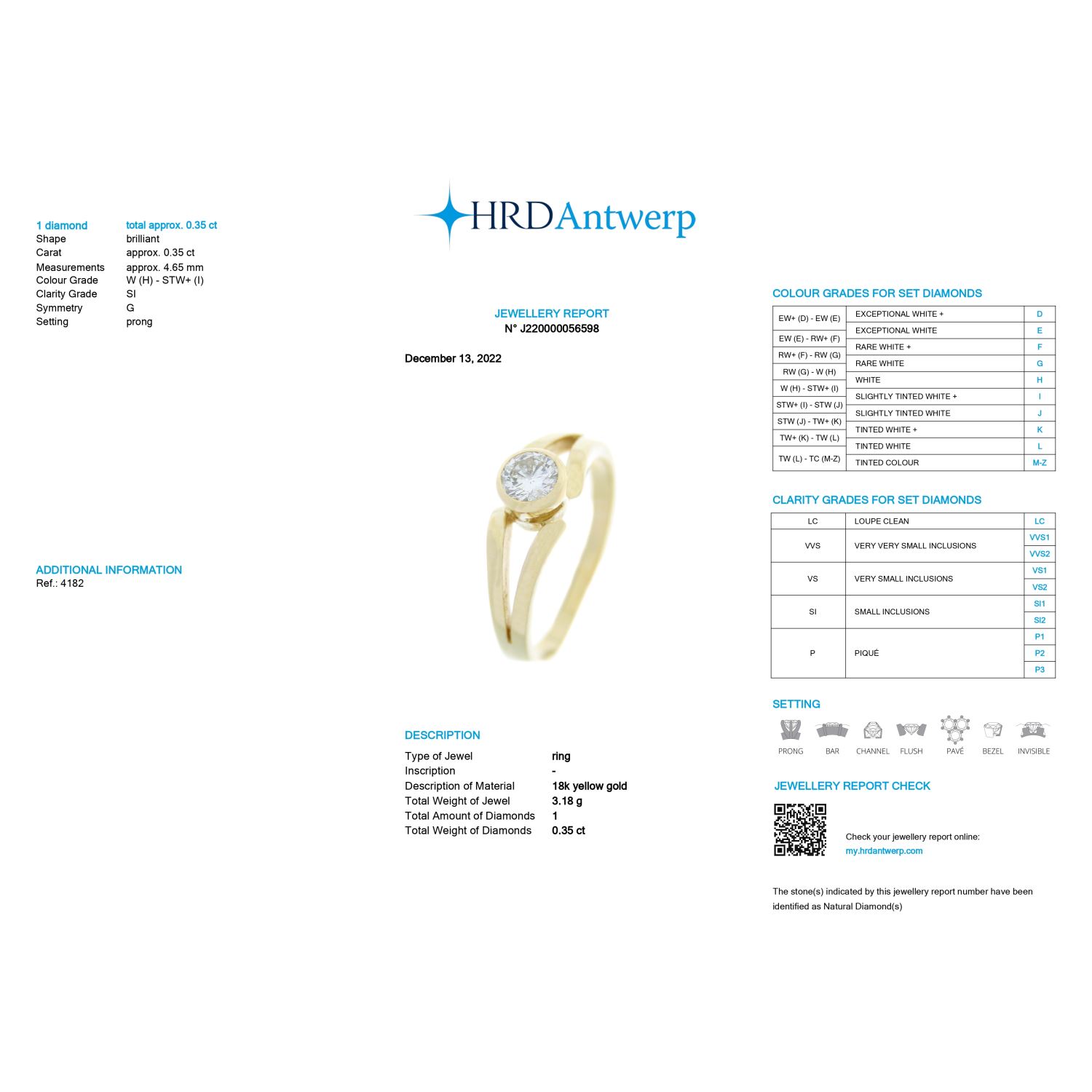 Solitario oro amarillo color h, pureza si1 y peso 0,35 cts.