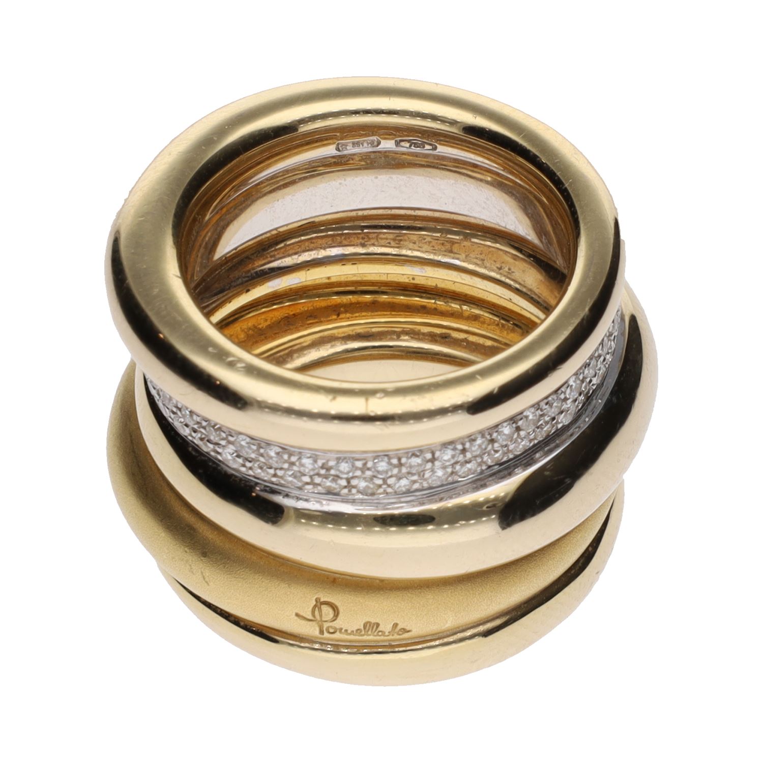 Sortija pomellato tubolare en oro amarillo y oro blanco con brillantes. Talla 13.