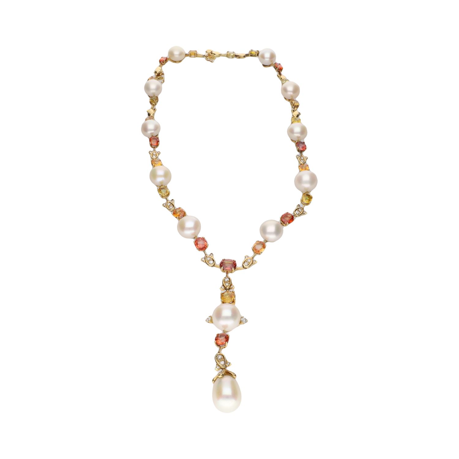 Collar en oro amarillo con perlas, diamantes y piedras de color.