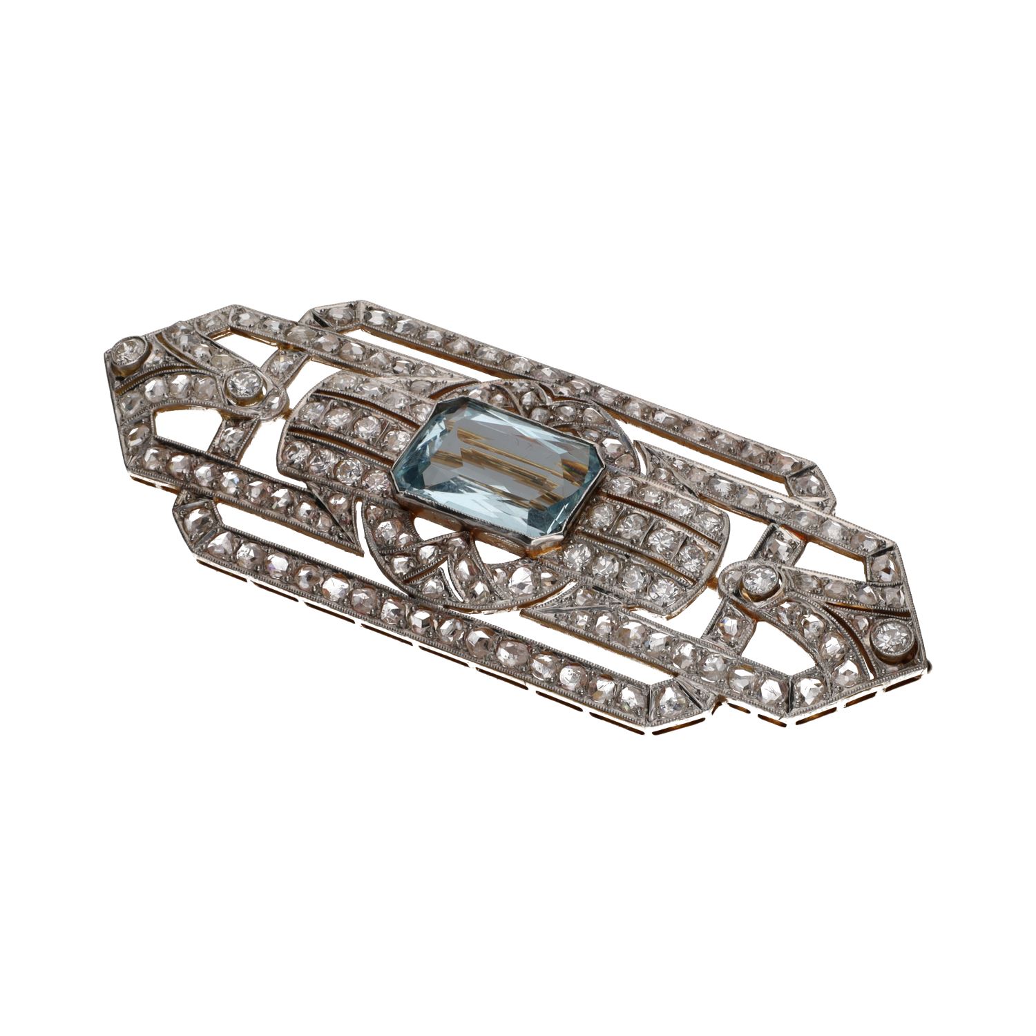 Broche antiguo en oro amarillo y oro blanco con aguamarina y diamantes.