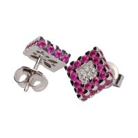 Pendientes cuadrados en oro blanco con rubíes y brillantes.