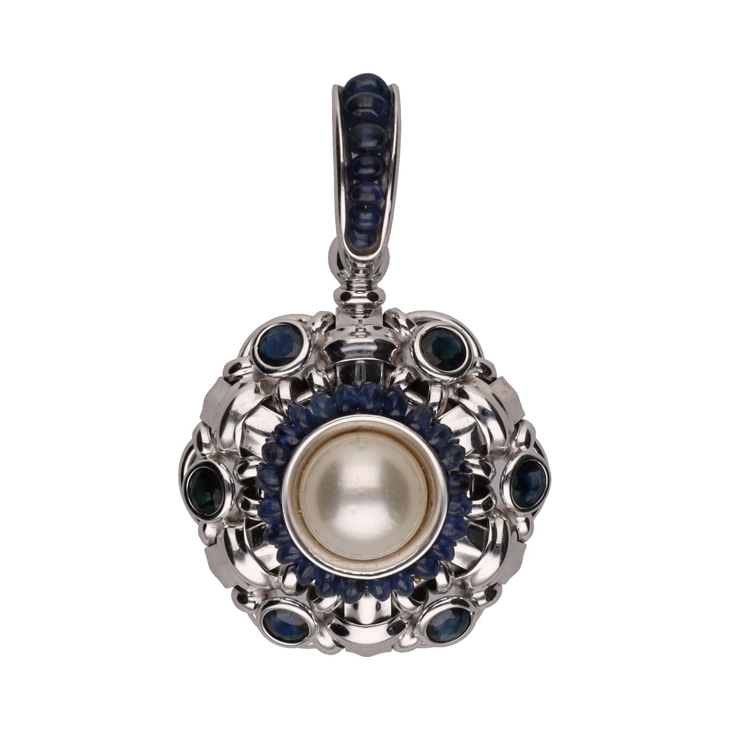 Colgante en oro blanco con perla y zafiros.