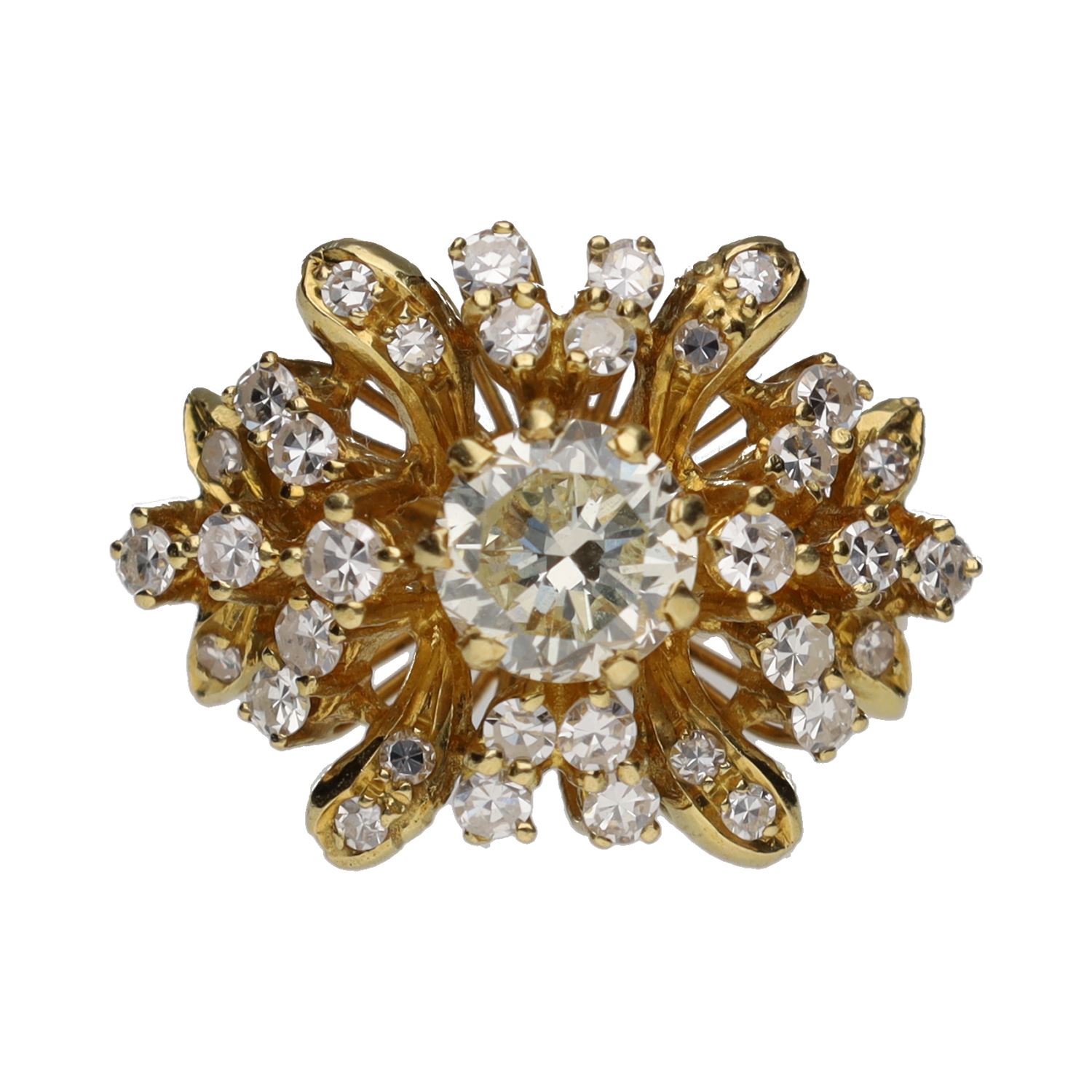 Sortija en oro amarillo con brillante central y detalles con brillantes. Talla 7.