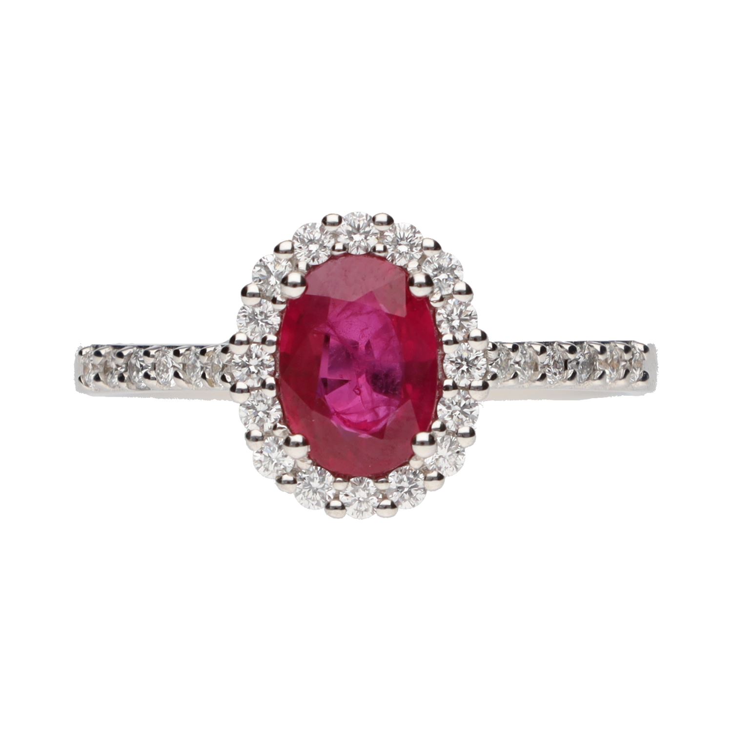 Sortija en oro blanco con rubí central y brillantes en orla y brazos. Talla 14.