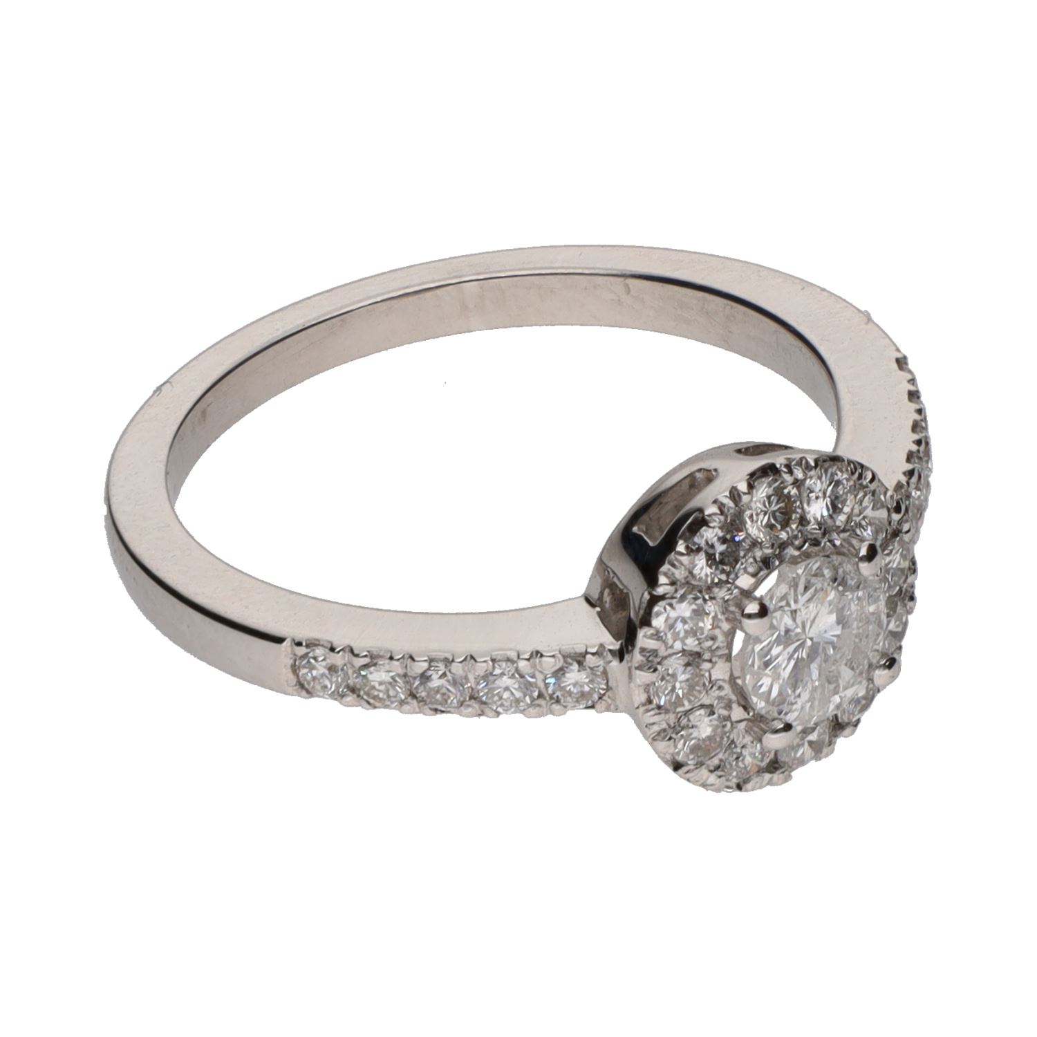 Sortija solitario en oro blanco con brillantes. Talla 12.