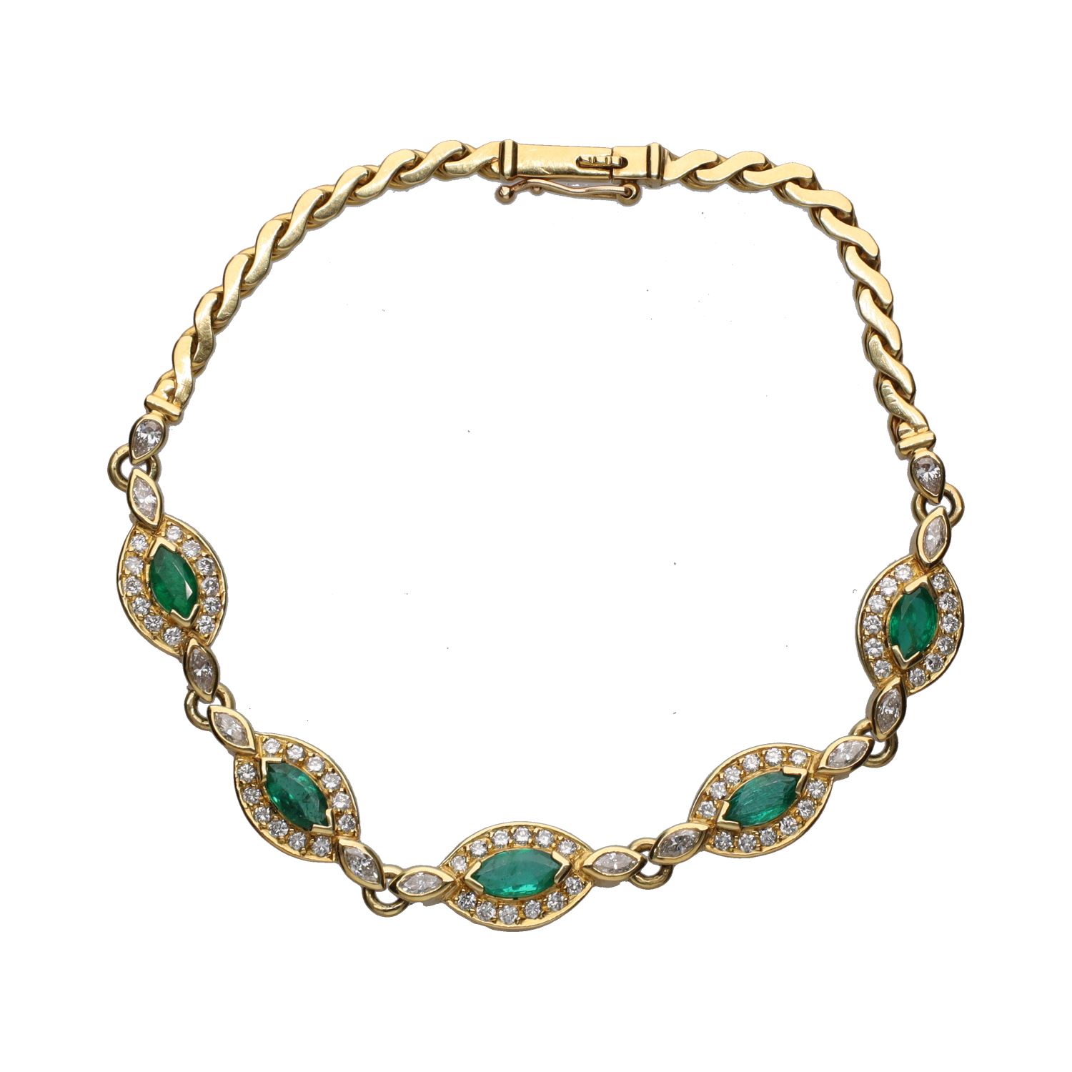 Pulsera en oro amarillo con esmeraldas y brillantes.