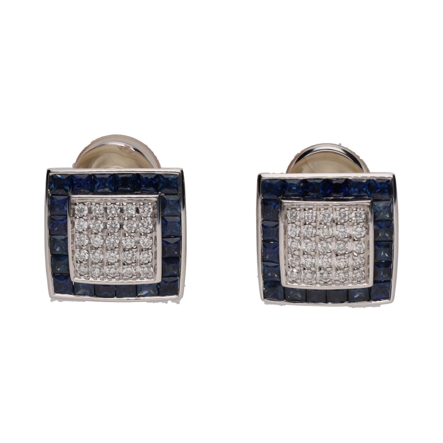 Pendientes cuadrados en oro blanco con zafiros y brillantes.