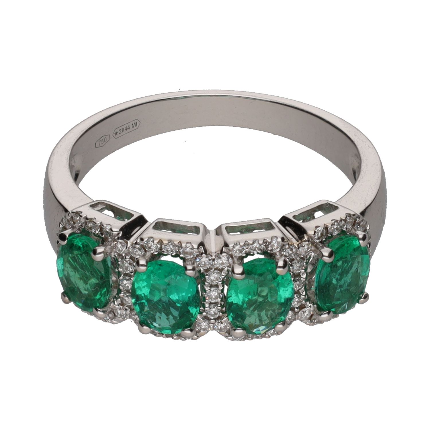 Sortija en oro blanco con esmeraldas y brillantes. Talla 14.