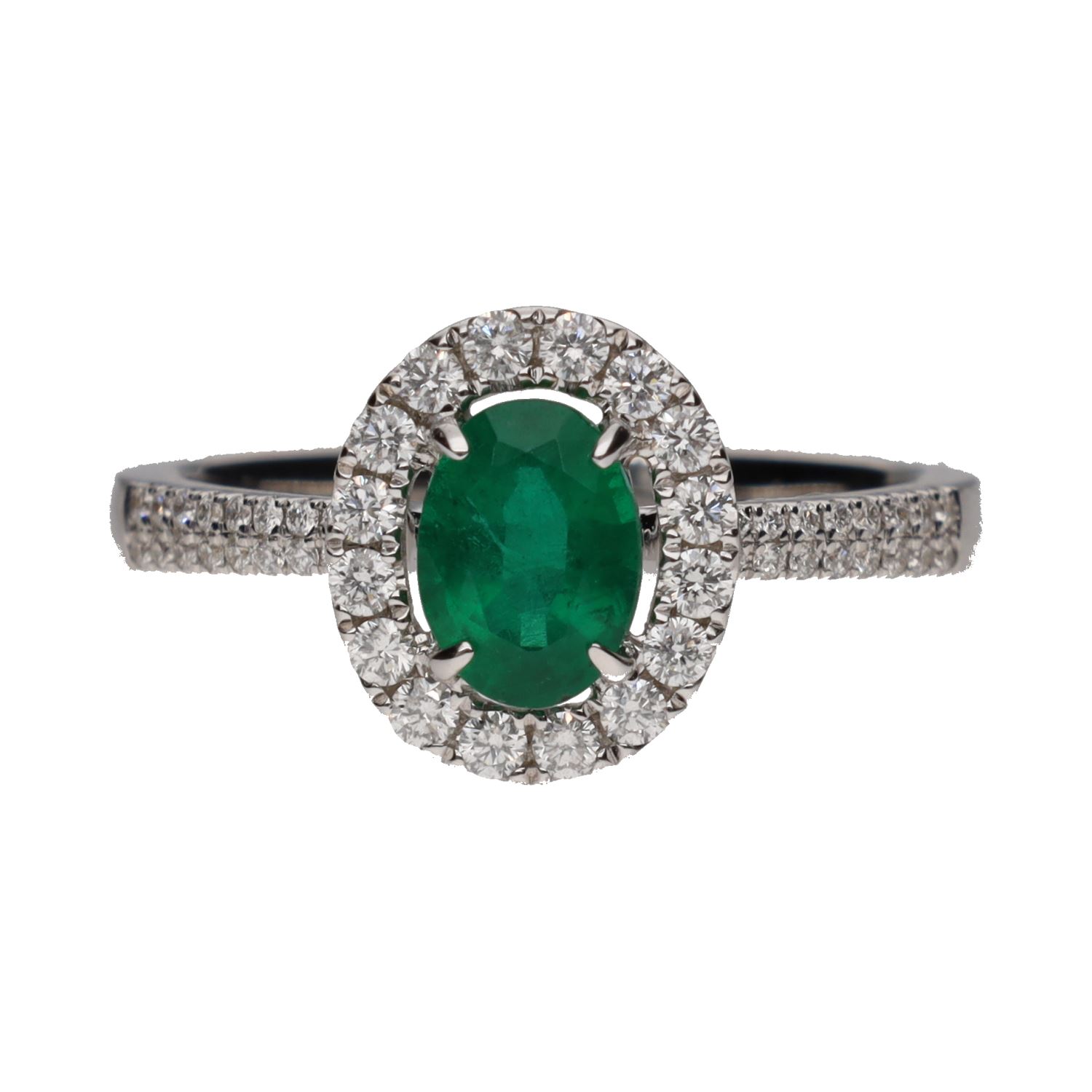 Sortija en oro blanco con esmeralda y orla de brillantes. Talla 14.