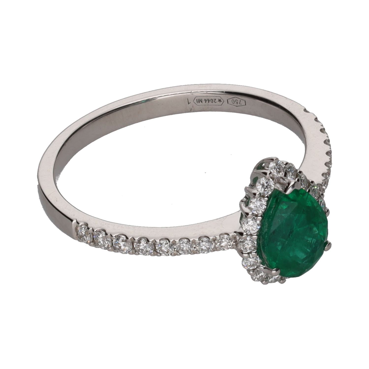 Sortija en oro blanco con esmeralda pera y brillantes. Talla 14.
