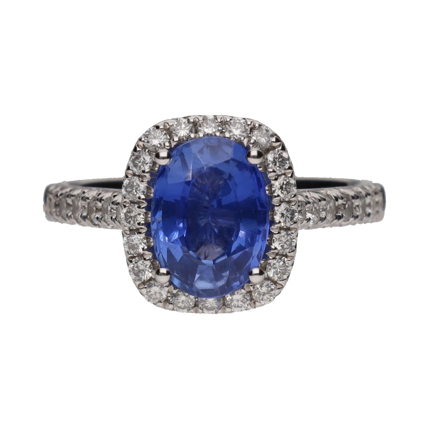 Sortija en oro blanco con un zafiro y brillantes. Talla 14.