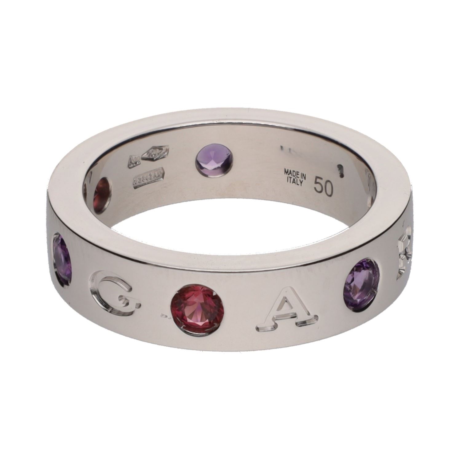 Sortija bulgari roma sorbets en oro blanco y amatistas. Talla 50.