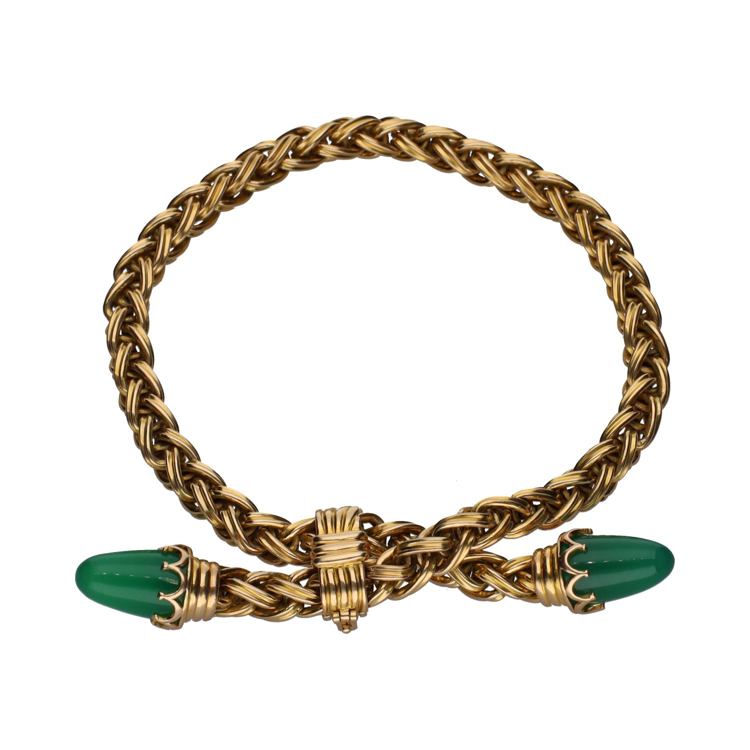 Pulsera trenzada en oro amarillo y crisoprasas.