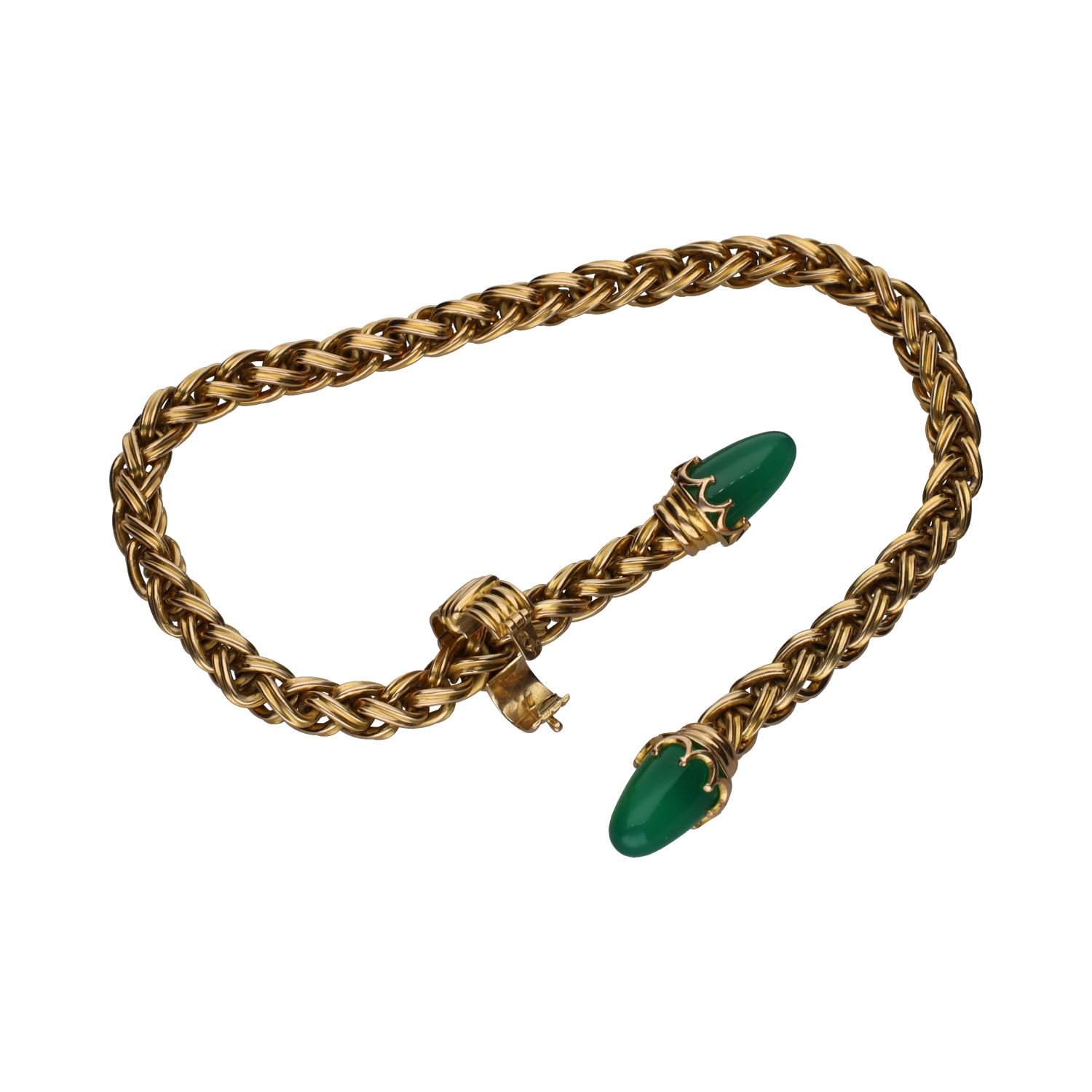 Pulsera trenzada en oro amarillo y crisoprasas.