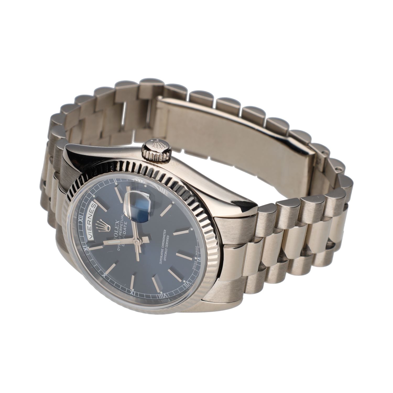 Day date oro blanco president 36mm esfera azul.  