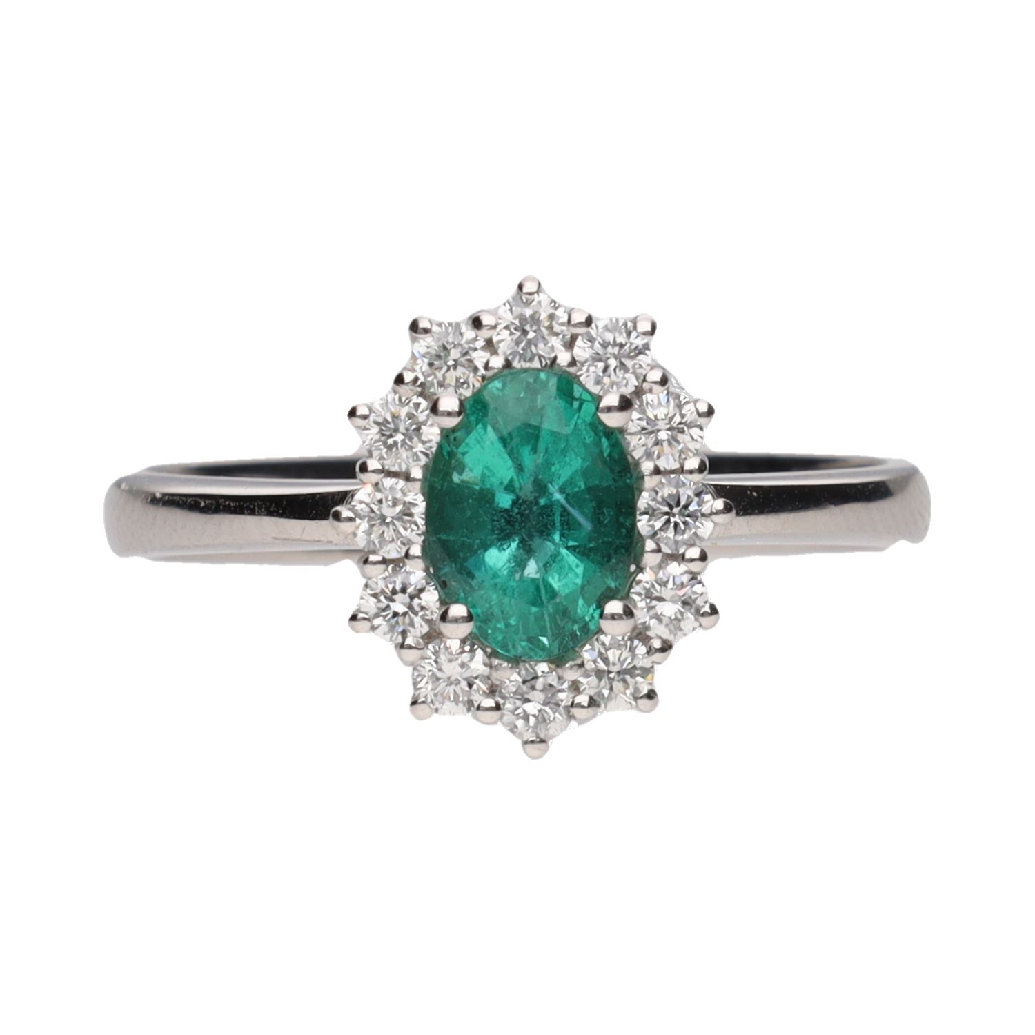 Sortija en oro blanco con esmeralda y brillantes. Talla 15.