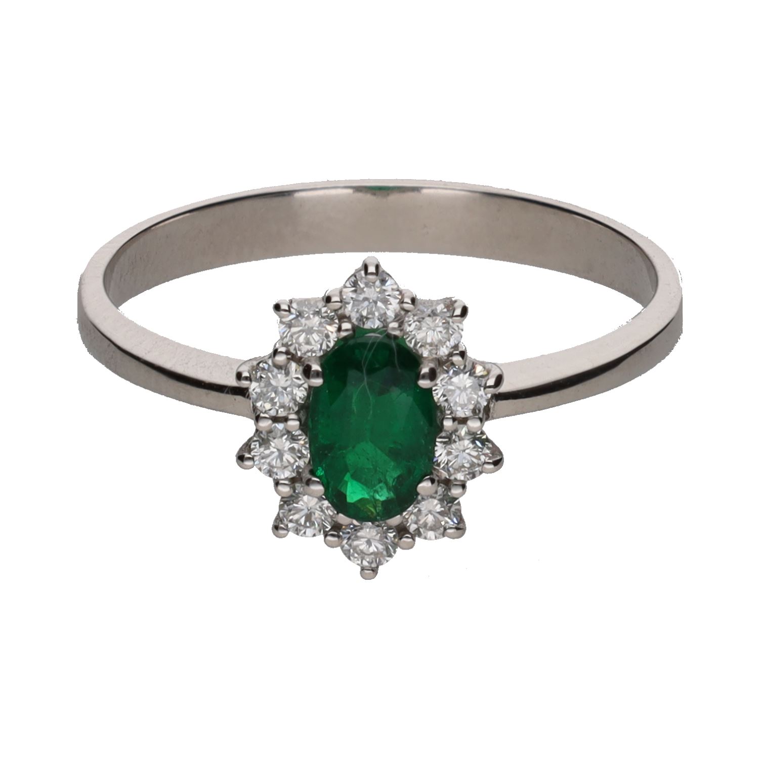 Sortija en oro blanco con esmeralda y orla de brillantes. Talla 14.