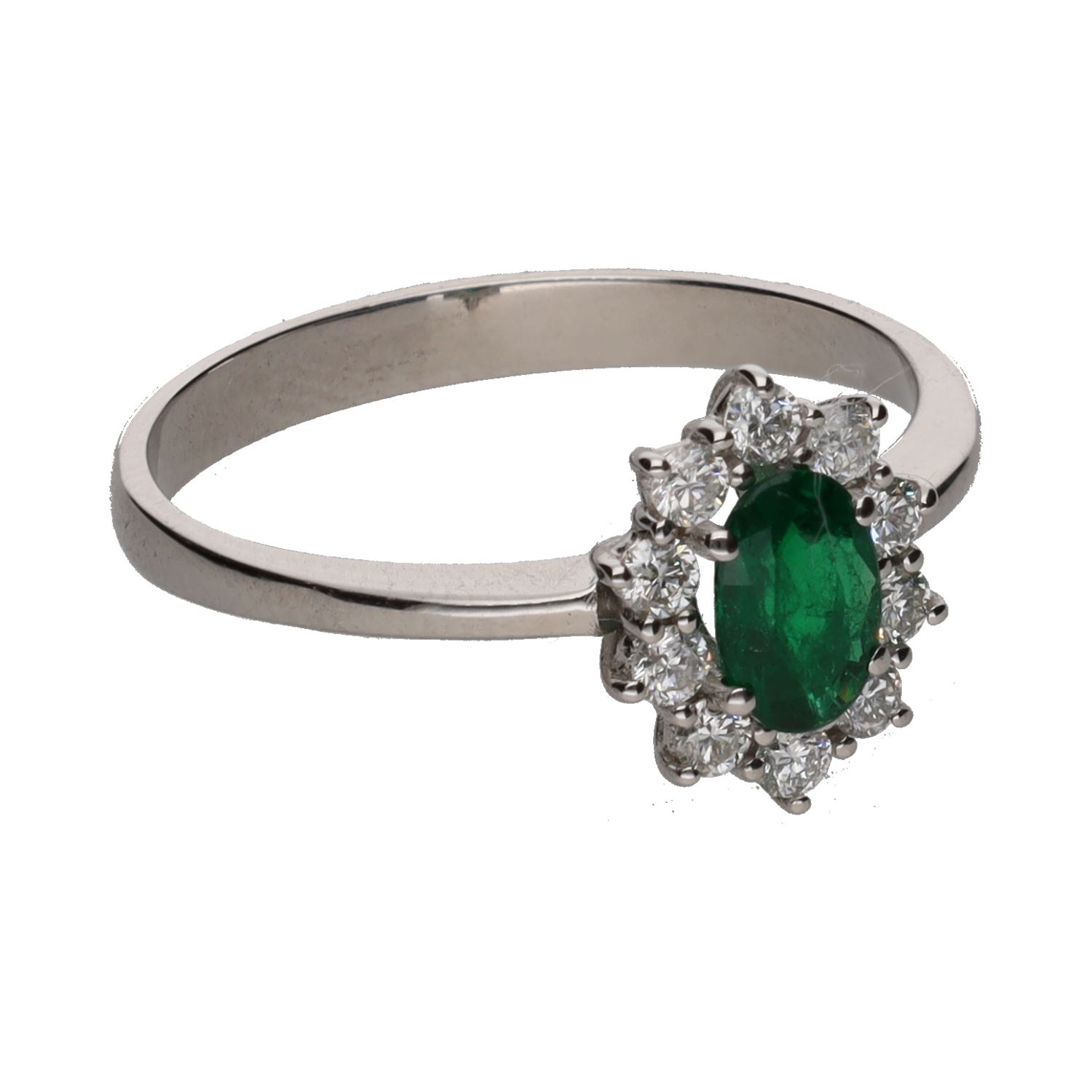 Sortija en oro blanco con esmeralda y orla de brillantes. Talla 14.