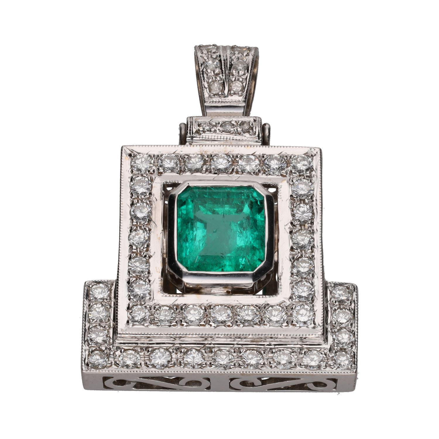 Colgante en oro blanco con esmeralda y brillantes.