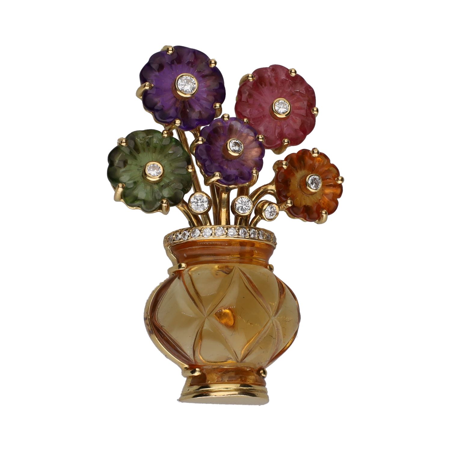Broche forma de jarron con flores en oro amarillo y piedras de color.